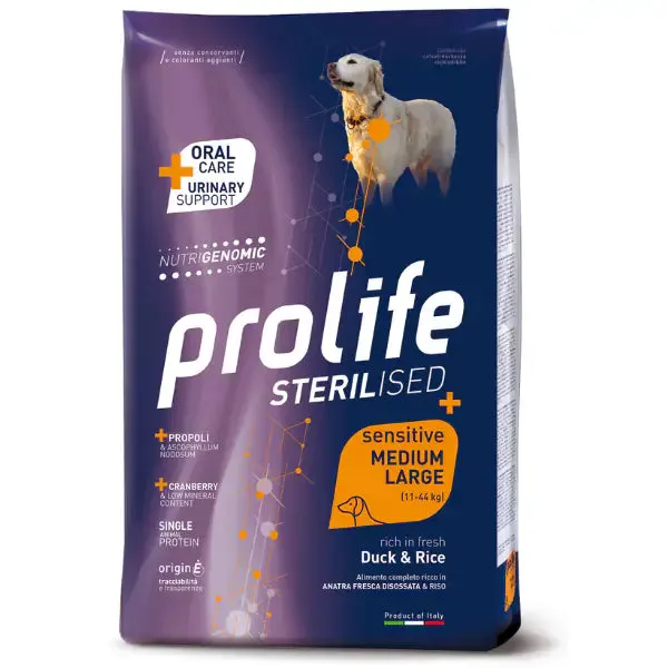 Prolife Sterilised Sensitive Medium/Large Adult Monoproteico Anatra e Riso 10 kg - Crocchette monoproteiche cane