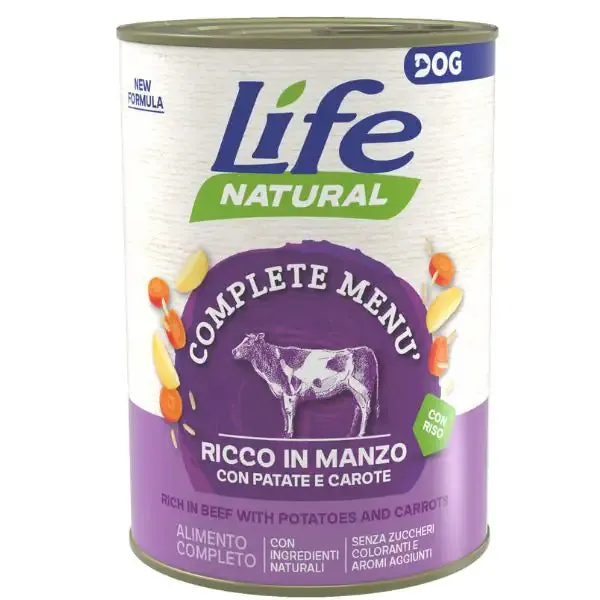 Life Dog Complete Menu umido per cani 400 gr Manzo a pezzettoni con patate e carote - confezione da 6 pezzi - Cibo umido per cani