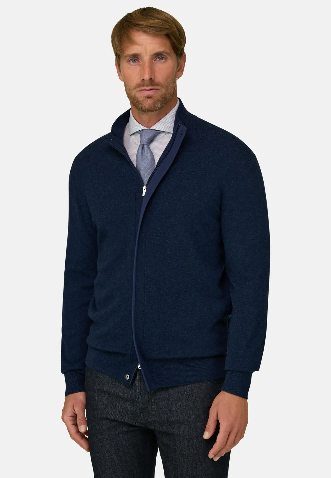 Boggi, Lupetto Full Zip In Lana Cashmere Melange, Uomo, Navy, Taglia: XL