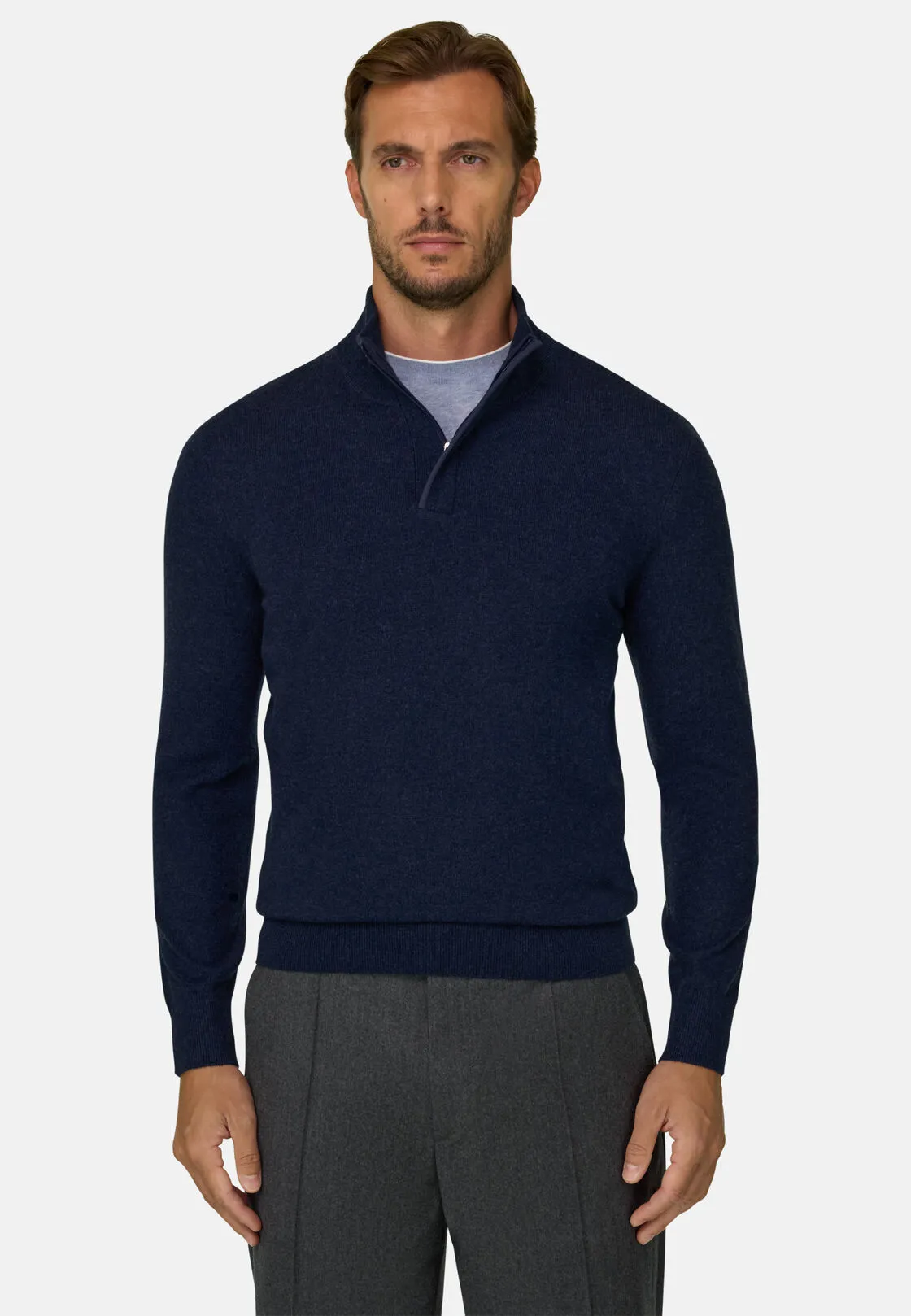 Boggi, Lupetto Mezza Zip In Lana Cashmere Melange, Uomo, Navy, Taglia: XXL