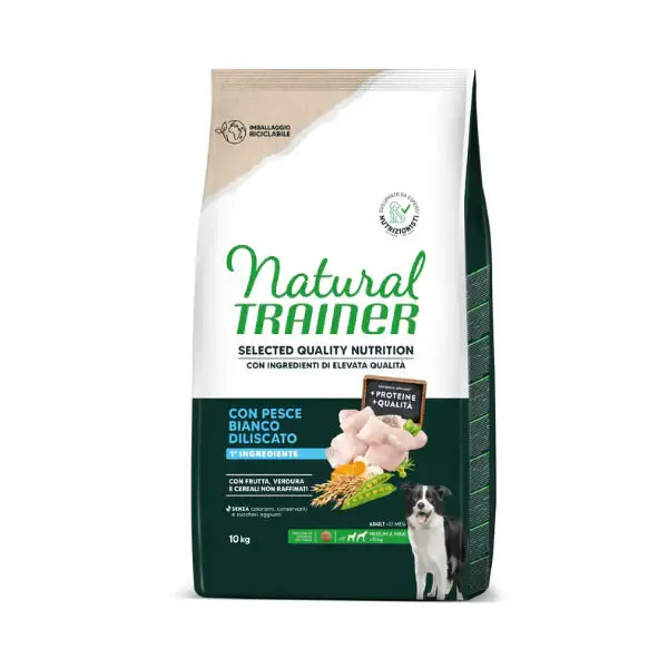 Natural Trainer Selected Quality Adult Medium e Maxi con Pesce Bianco 10 kg - Croccantini per cani