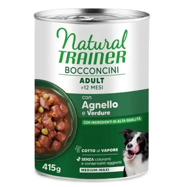 Natural Trainer Dog Adult Medium/Maxi Bocconcini cotti al vapore 415 gr Agnello - Cibo umido per cani