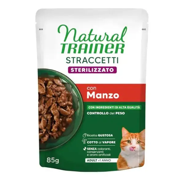 Natural Trainer Cat Adult Sterilised Straccetti cotti al vapore 85 gr Manzo - confezione da 24 pezzi - Cibo umido per gatti