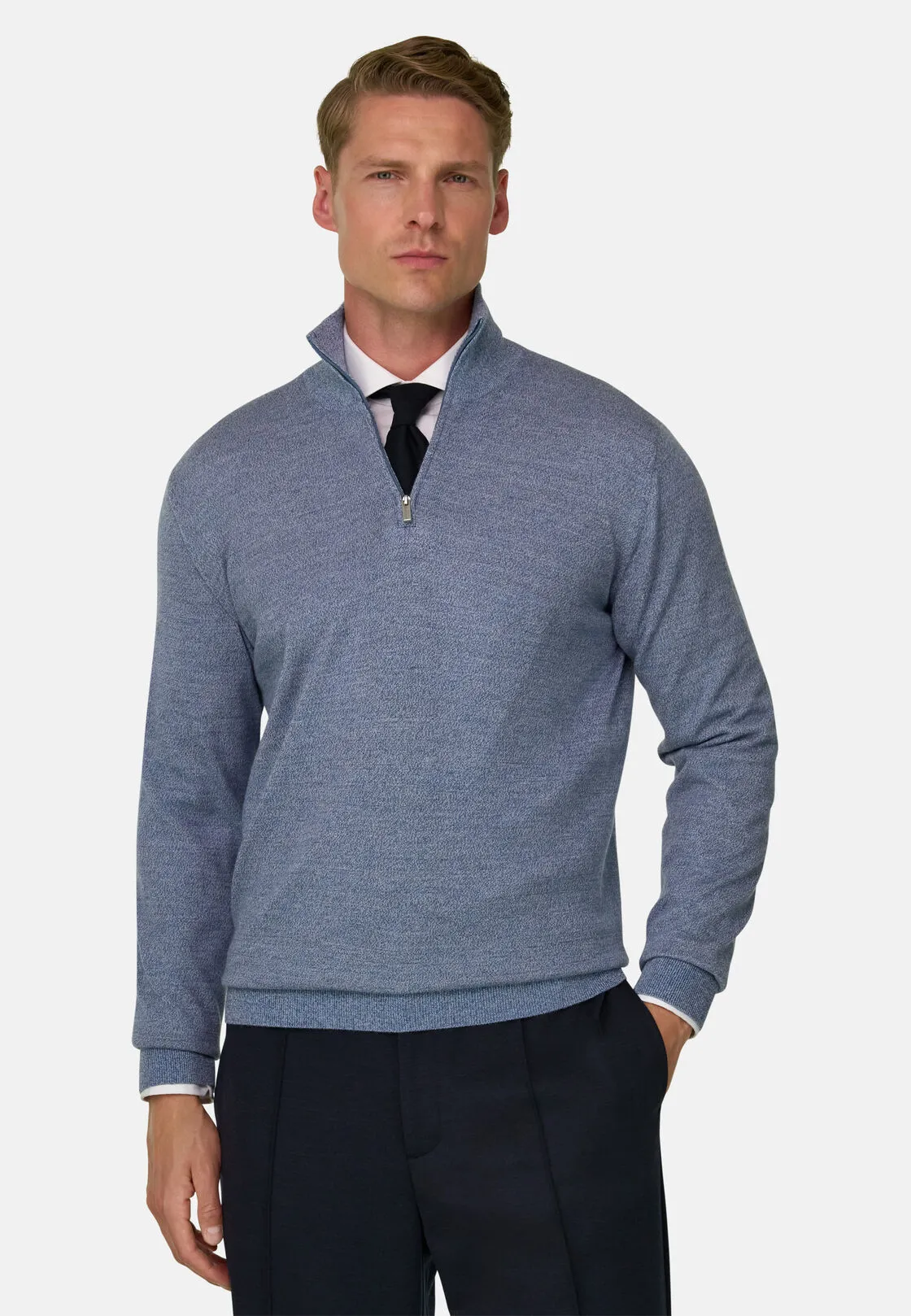 Boggi, Lupetto Mezza Zip In Lana Merino Cashwool® Mouliné, Uomo, Azzurro, Taglia: XXXL