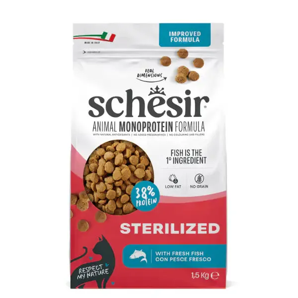 Schesir Cat Sterilized Monoprotein formula Grain free Low Fat Pesce fresco 1.5 kg - Cibo monoproteico gatto