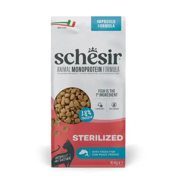 Schesir Cat Sterilized Monoprotein formula Grain free Low Fat Pesce fresco 10 kg - Cibo monoproteico gatto
