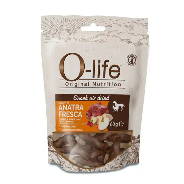 O-life Dog Adult Grain Free Air Dried Snack carne essiccata 80 gr Anatra (scadenza: 30/03/2027)