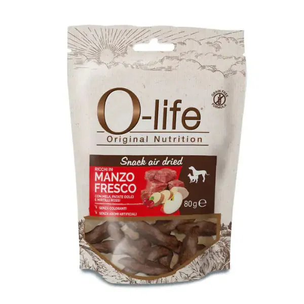 O-life Dog Adult Grain Free Air Dried Snack carne essiccata 80 gr Manzo (scadenza: 31/03/2027)