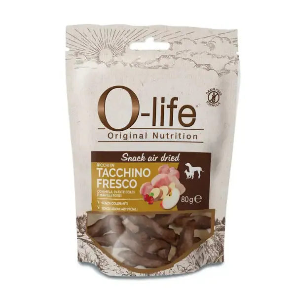 O-life Dog Adult Grain Free Air Dried Snack carne essiccata 80 gr Tacchino (scadenza: 30/03/2027)