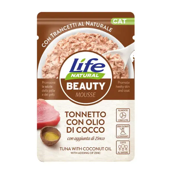 Life Cat Natural Beauty Bustine 70 gr Tonnetto con olio di cocco - confezione da 30 pezzi - Cibo umido per gatti