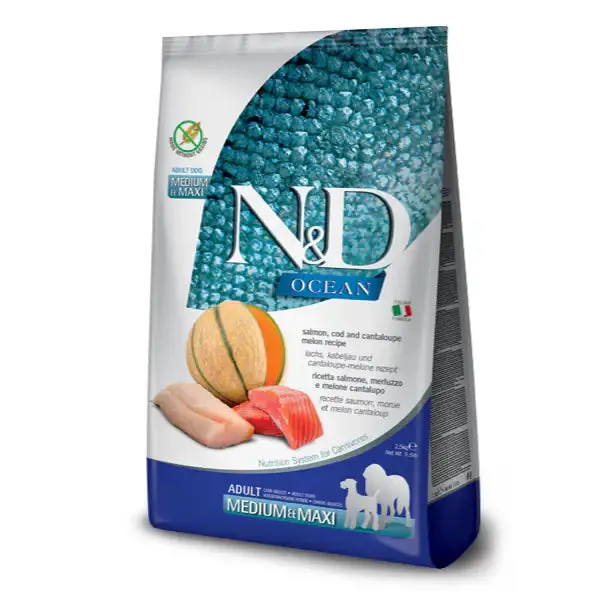 Farmina N&D Ocean Canine Adult Medium/Maxi Salmone, Merluzzo e melone cantalupo 12 kg - Croccantini per cani
