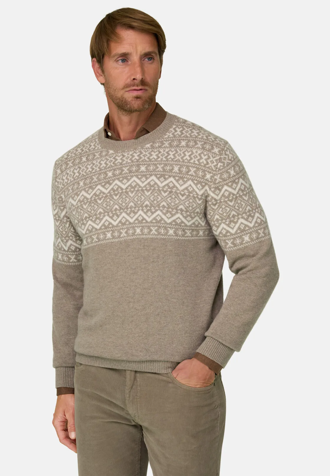 Boggi, Girocollo In Lana Cashmere Con Motivo Fair Isle, Uomo, Beige, Taglia: XL