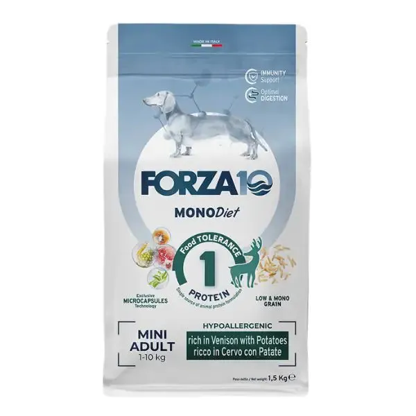 Forza10 MonoDiet Mini Adult Low Grain Hypoallergenic Cervo con patate 1,5 kg - Crocchette monoproteiche cane