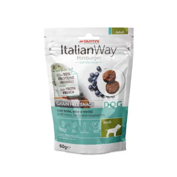 ItalianWay snack per cani Miniburger Grain Free 60 gr Trota, erbe e mirtilli