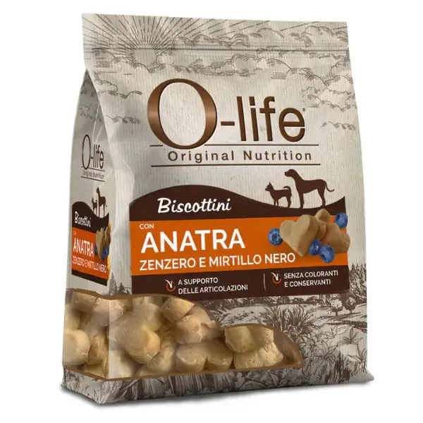 O-life Dog Adult biscotti per cani 200 gr Anatra, zenzero e mirtillo nero