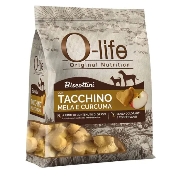 O-life Dog Adult biscotti per cani 200 gr Tacchino, mela e curcuma