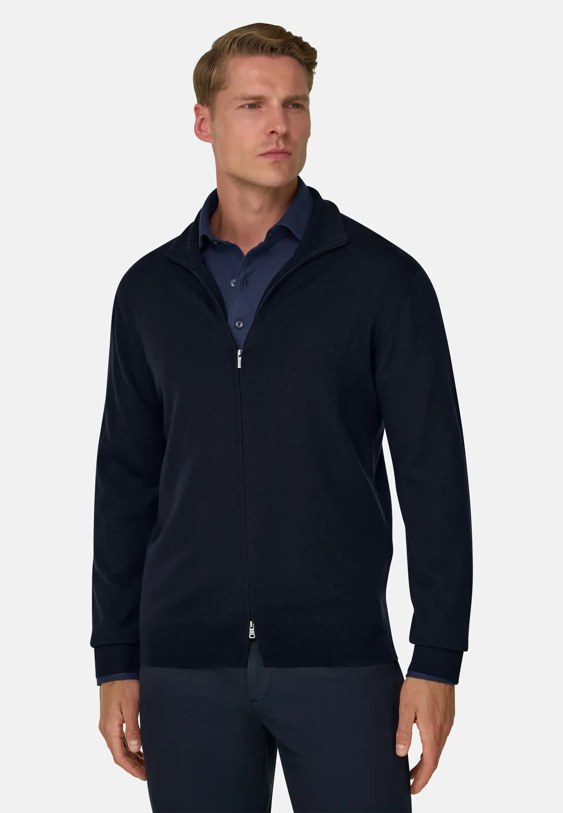 Boggi, Maglia Full Zip In Lana Merino Extrafine, Uomo, Navy, Taglia: XL
