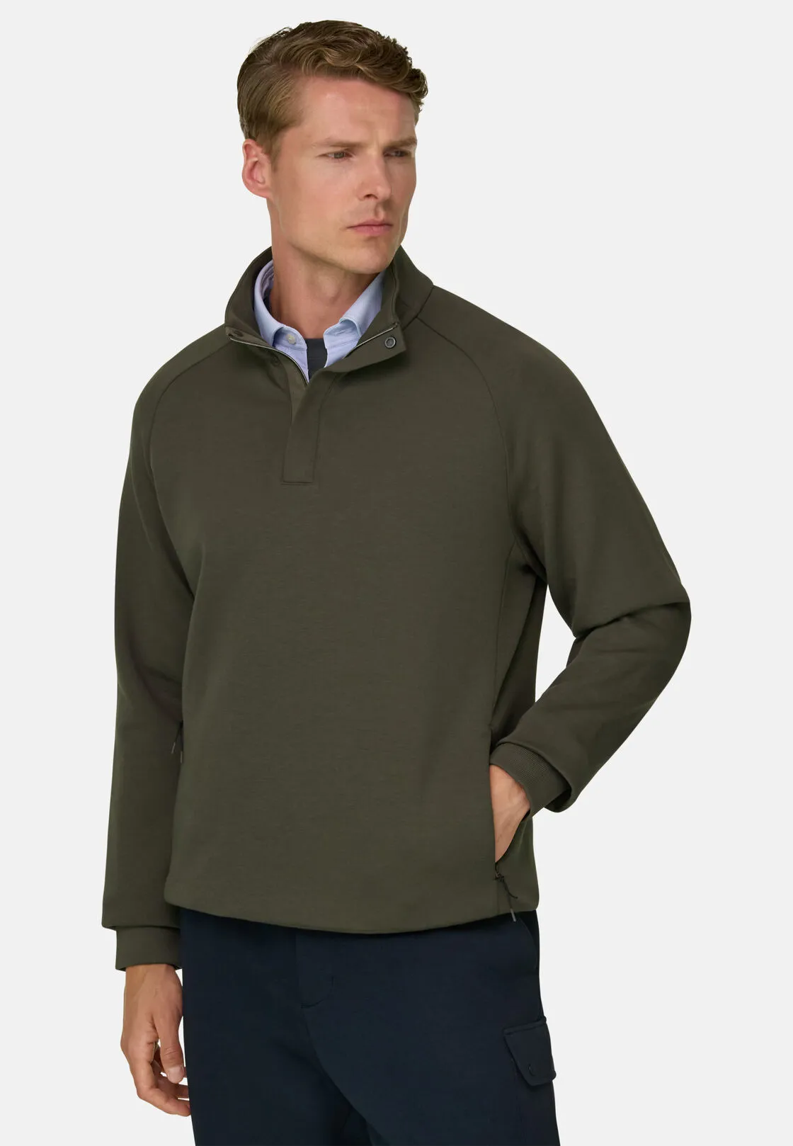 Boggi, Felpa Mezza Zip In Misto Cotone Scuba B Tech, Uomo, Militare, Taglia: M