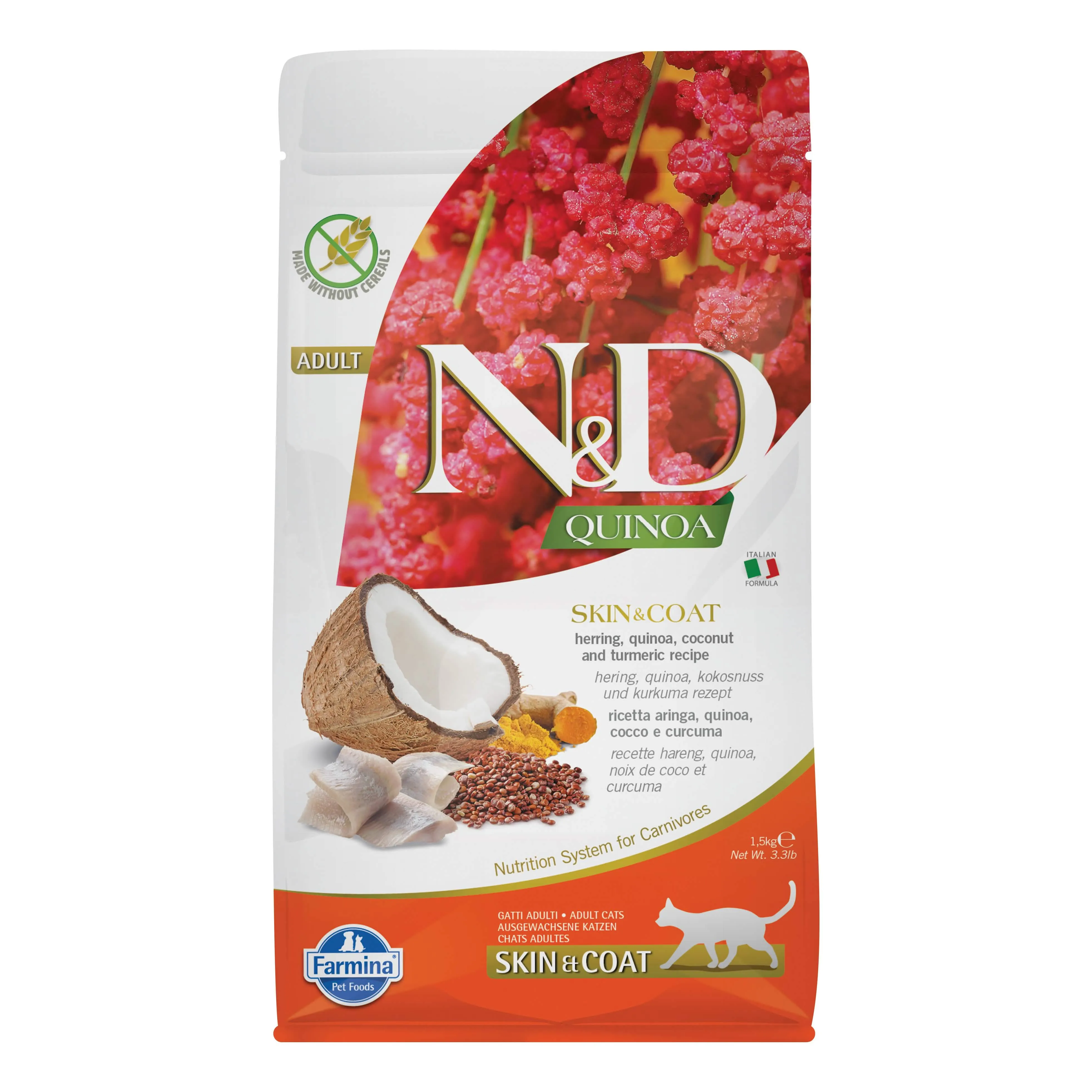 N&D Quinoa Feline Skin & Coat Aringa, Quinoa, Cocco e Curcuma Adulto 1,5 kg