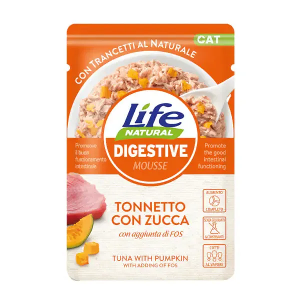 Life Cat Natural Digestive Bustine 70 gr Tonnetto con zucca - confezione da 30 pezzi - Cibo umido per gatti