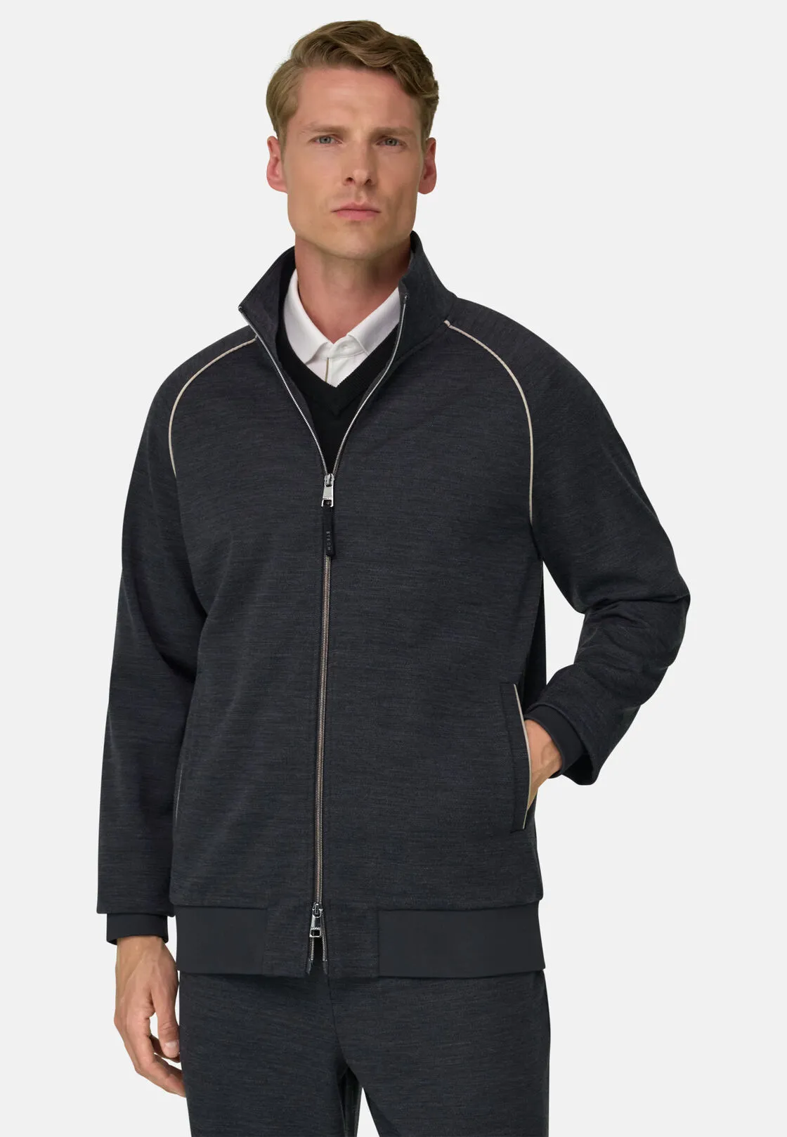 Boggi, Felpa Full Zip In Misto Lana Wooltech Diagonale, Uomo, Carbone, Taglia: L