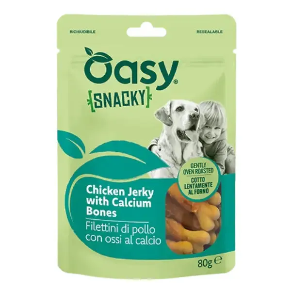 Oasy Snacky snack per cani cotto al forno Adult All Breeds 80 gr Filettini di Pollo con Ossi al Calcio