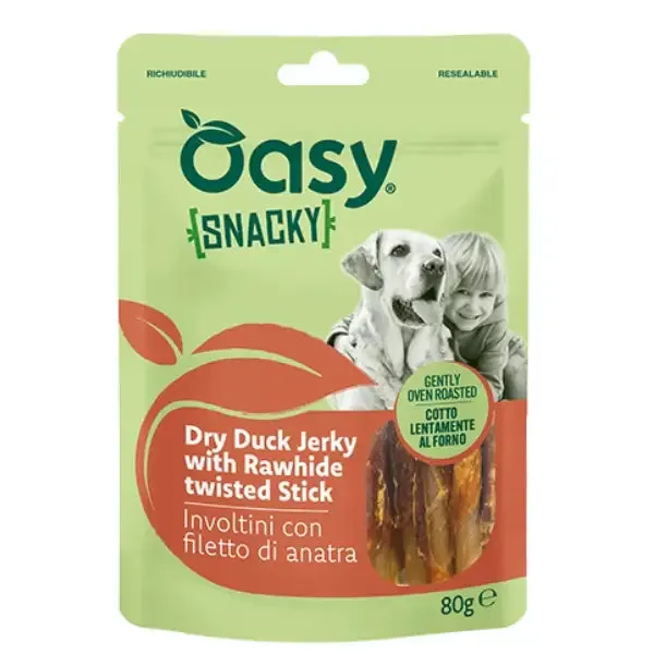 Oasy Snacky snack per cani cotto al forno Adult All Breeds 80 gr Involtini con Filetto di Anatra