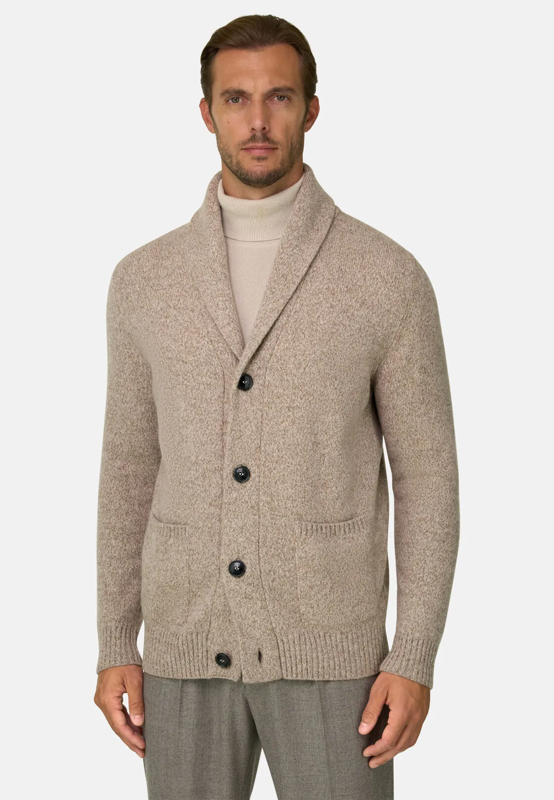 Boggi, Cardigan In Lana Con Collo Sciallato Mouliné, Uomo, Taupe, Taglia: XL