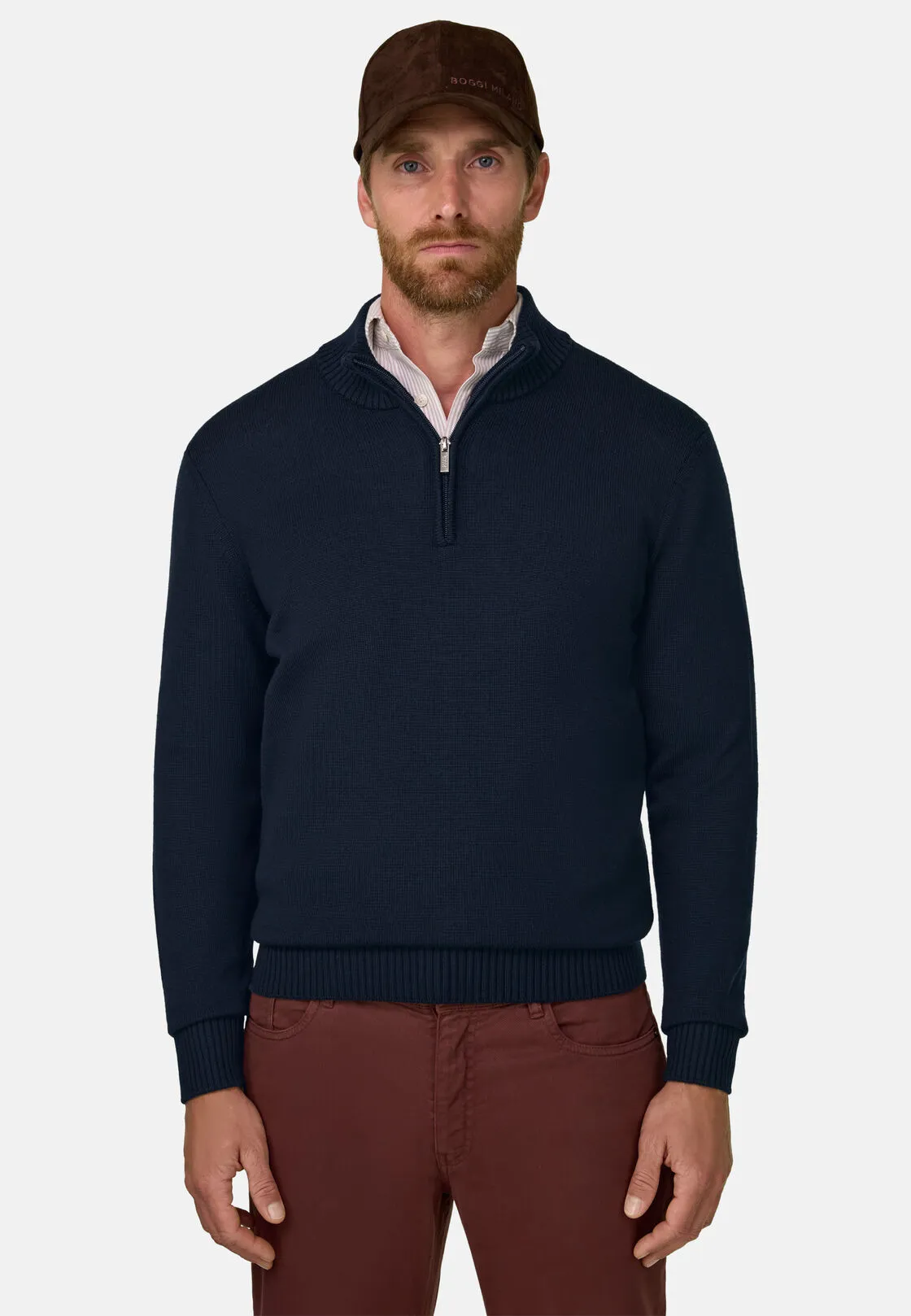 Boggi, Lupetto Mezza Zip In Lana Merino Superfine, Uomo, Navy, Taglia: XXL
