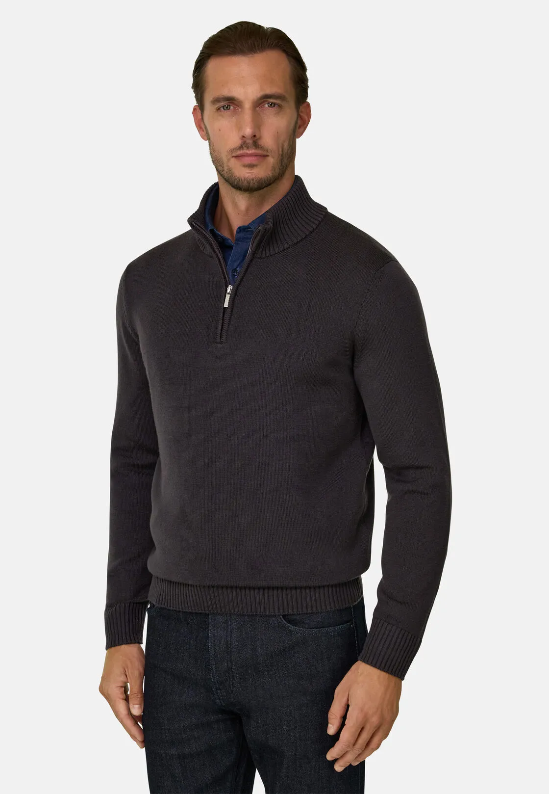 Boggi, Lupetto Mezza Zip In Lana Merino Superfine, Uomo, Marrone scuro, Taglia: M