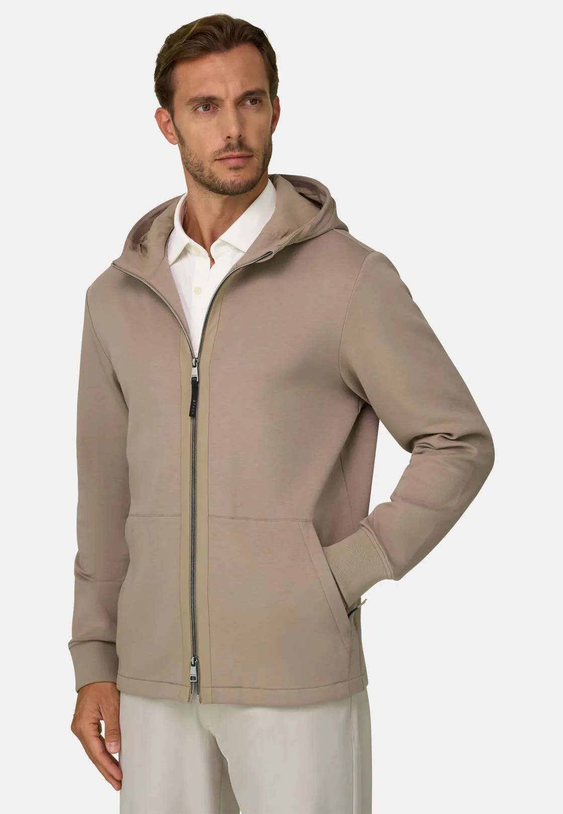Boggi, Felpa Full Zip Cappuccio In Misto Cotone Scuba B Tech, Uomo, Beige, Taglia: M
