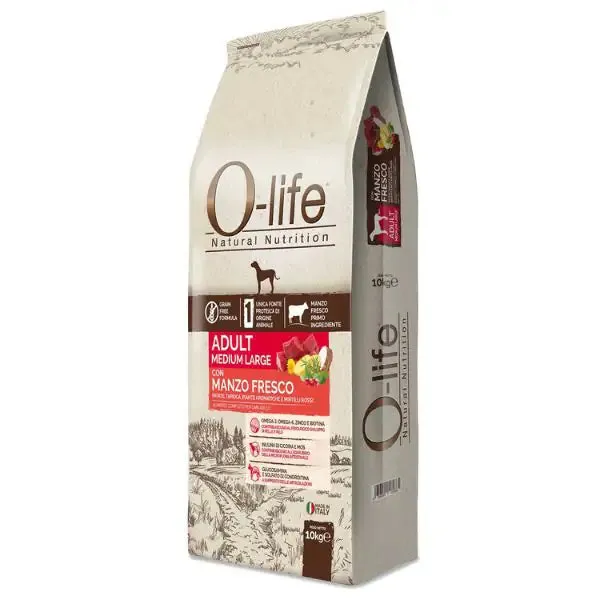 O-life Dog Grain Free Adult Medium/Large Manzo fresco 10 kg - Croccantini per cani