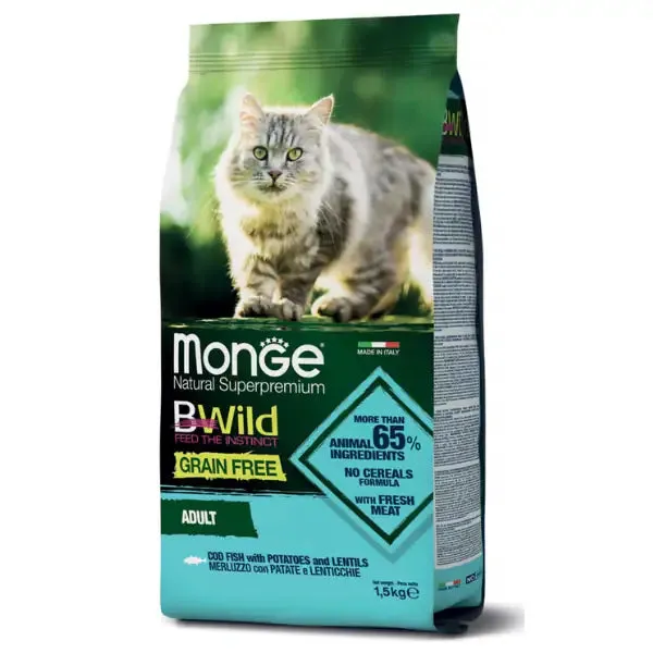 Monge Bwild Cat Adult Grain Free Merluzzo con patate e lenticchie 1,5 kg - Croccantini per gatti