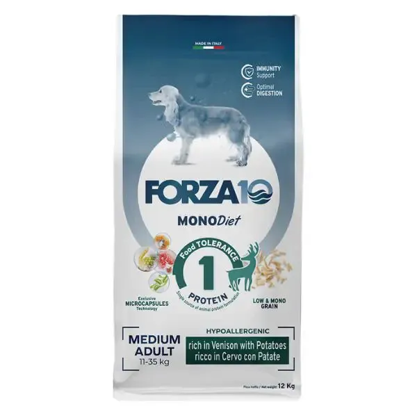Forza10 MonoDiet Medium Adult Low Grain Hypoallergenic Cervo con patate 12 kg - Crocchette monoproteiche cane