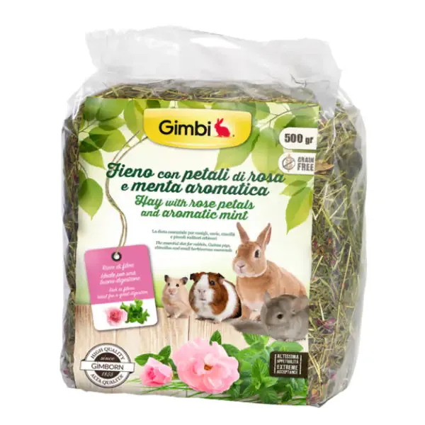 Gimbi Fieno Ricco di Fibre 500 gr con Petali di rosa e menta - Mangime per conigli