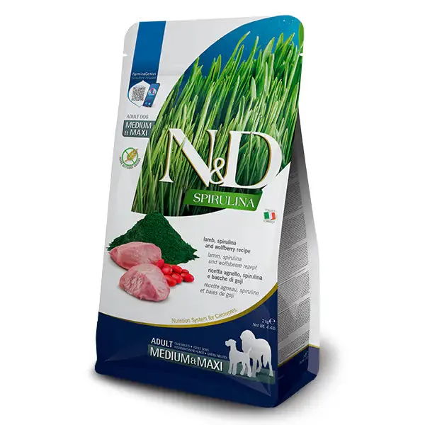 Farmina N&D Spirulina Grain free Adult Medium/Maxi Agnello e bacche di goji 7 kg - Croccantini per cani