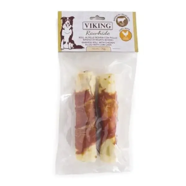 Viking Rawhide snack per cani bastoncini in pelle bovina 2 pezzi 14 cm - con pollo e ripieno di fegato