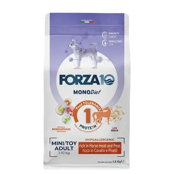 Forza10 MonoDiet Mini/Toy Adult Low Grain Hypoallergenic Cavallo e piselli 1,5 kg - Crocchette monoproteiche cane