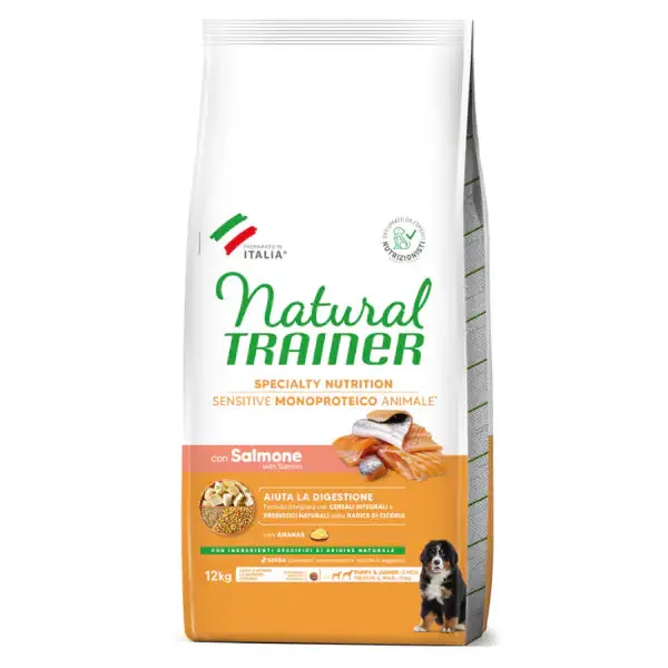 Natural Trainer Speciality Nutrition Sensitive Monoproteico Medium&Maxi Puppy e Junior con Salmone e cereali integrali 12 kg - Crocchette monoproteiche cane