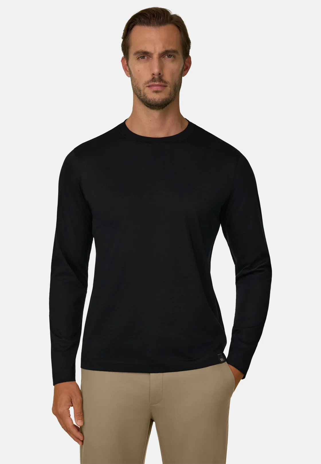 Boggi, T-shirt In Jersey Di Cotone Pima Maniche Lunghe, Uomo, Nero, Taglia: XXL