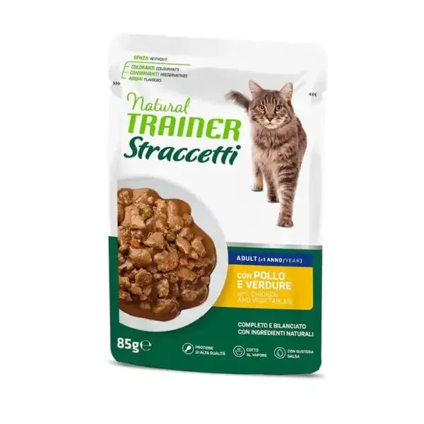Natural Trainer Cat Adult Straccetti cotti al vapore 85 gr Pollo - confezione da 22 pezzi - Cibo umido per gatti