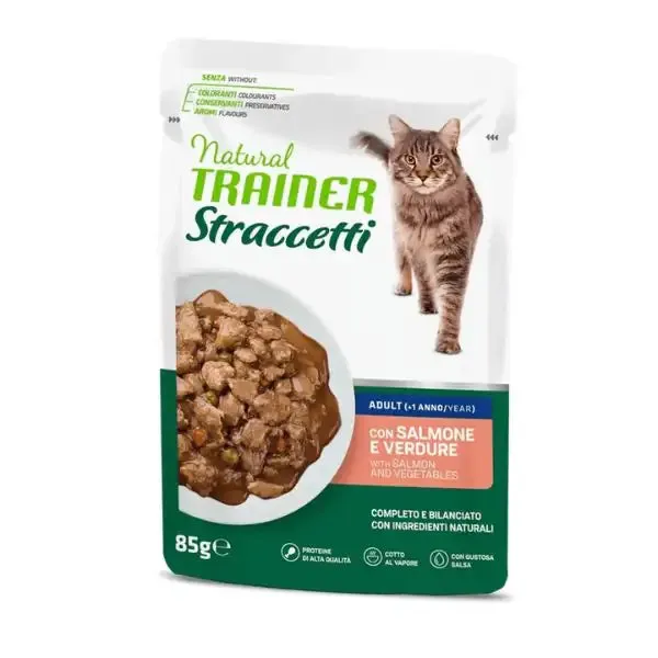 Natural Trainer Cat Adult Straccetti cotti al vapore 85 gr Salmone - confezione da 22 pezzi - Cibo umido per gatti