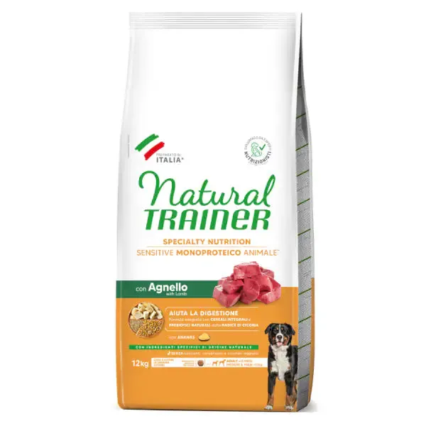 Natural Trainer Speciality Nutrition Sensitive Monoproteico Medium&Maxi Adult con Agnello e cereali integrali 12 kg - Crocchette monoproteiche cane