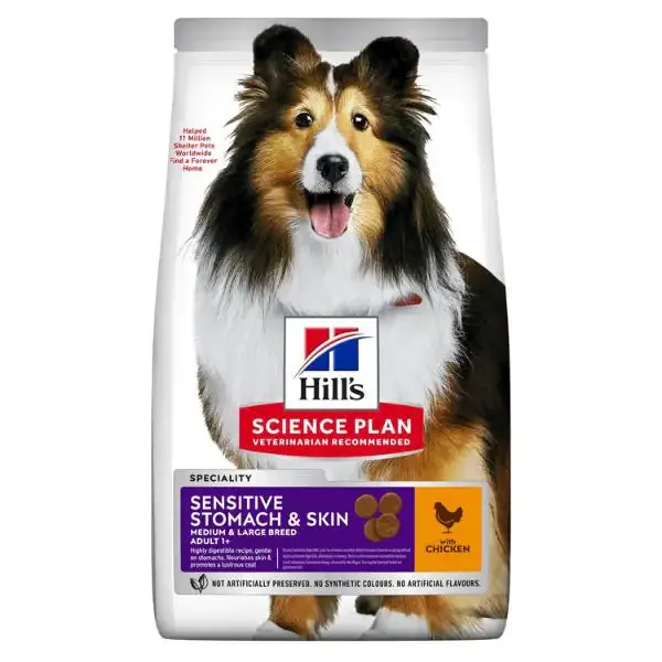 Hill's Science Plan Sensitive Stomach & Skin Medium Adult Alimento per Cani con Pollo 12 kg - Croccantini per cani
