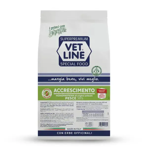 Vet Line Secco Monoproteico Cane Junior Accrescimento Pesce 12,5 kg - Crocchette monoproteiche cane