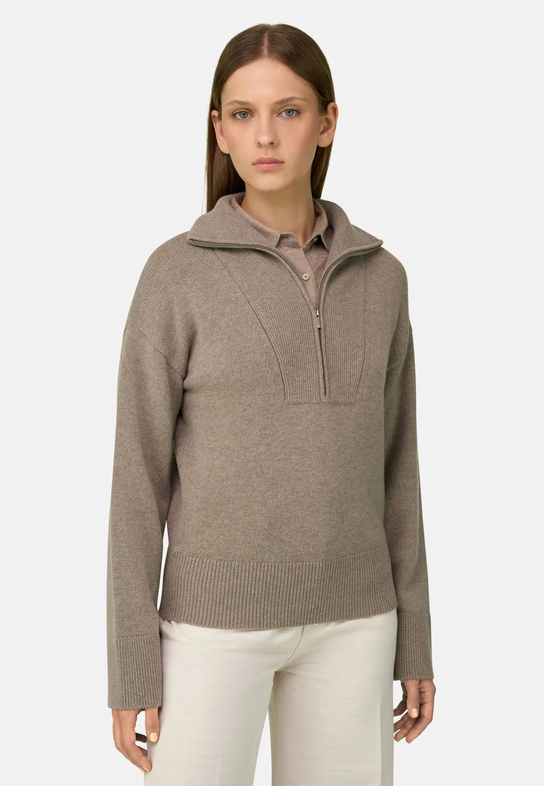 Boggi, Maglia Mezza Zip In Lana E Cashmere, Donna, Beige, Taglia: L