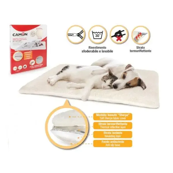 Tappetino Premium Auto Riscaldante Camon 48 x 38 cm - Tappetino riscaldante per cani, ideale per isolare dal freddo e riflettere il calore, realizzato in morbido tessuto lavabile con fondo antiscivolo. - Cucce per cani