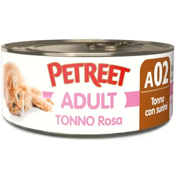 Petreet Natura Tonno Rosa Cat 140 gr Tonno con surimi al gusto di aragosta (scadenza: 19/12/2026) - confezione da 24 pezzi - Cibo umido per gatti