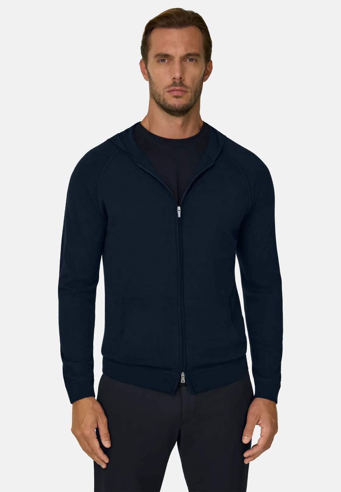 Boggi, Maglia Full Zip Con Cappuccio In Lana Merino, Uomo, Navy, Taglia: XL