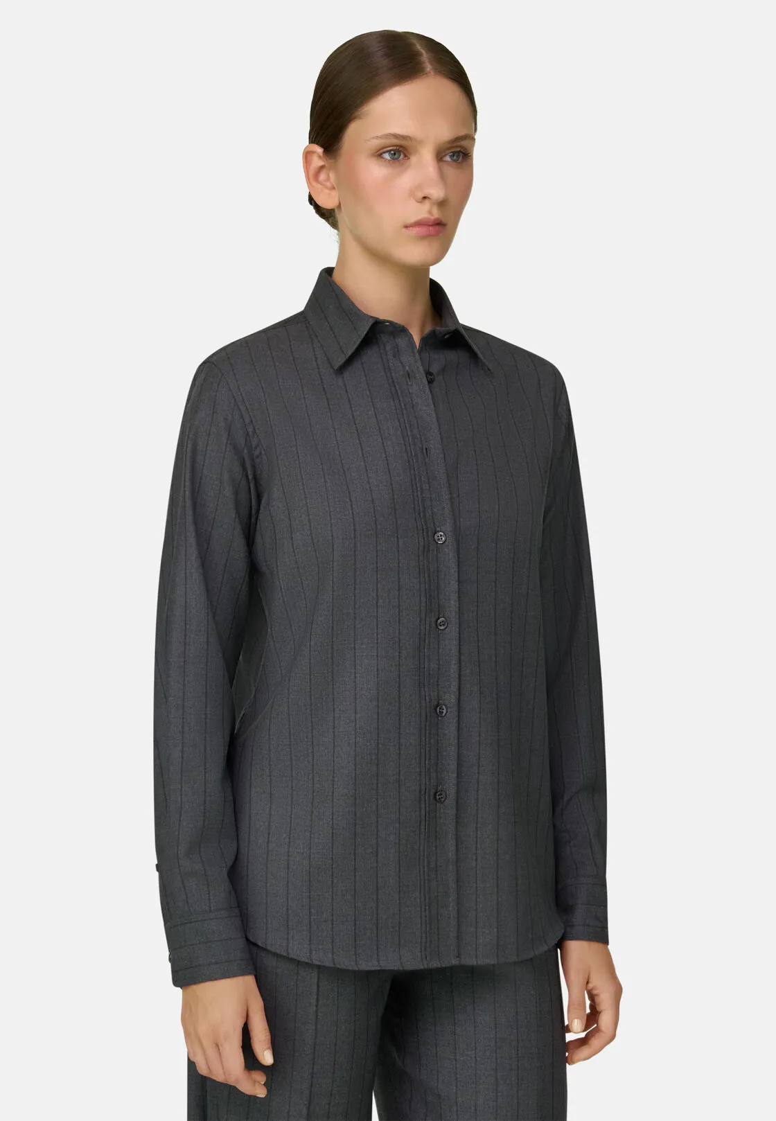 Boggi, Camicia Gessata Lana Con Collo Aperto, Donna, Grigio, Taglia: S